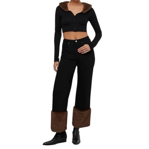WeWoreWhat Faux Fur Straight Leg Jean Black Denim & Brown Faux Fur - Reemoly - Picture 3 of 7